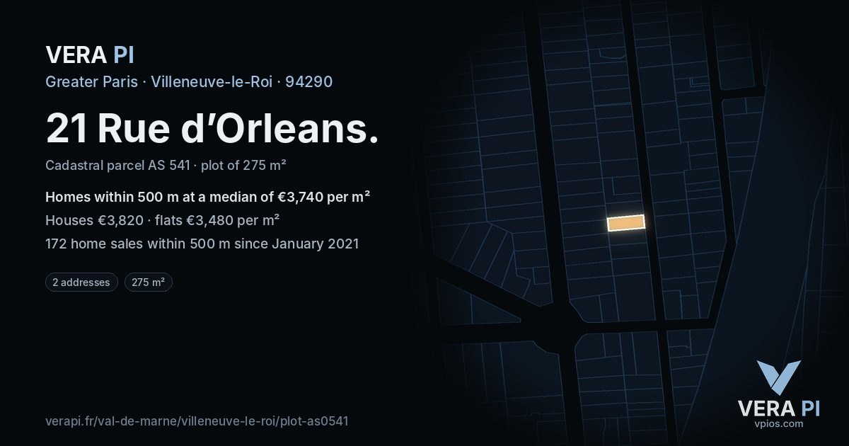 21 Rue d’Orleans, Villeneuve-le-Roi at night – the plot lit, the parcels around coloured by the prices near them