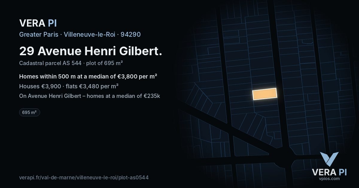 29 Avenue Henri Gilbert, Villeneuve-le-Roi at night – the plot lit, the parcels around coloured by the prices near them
