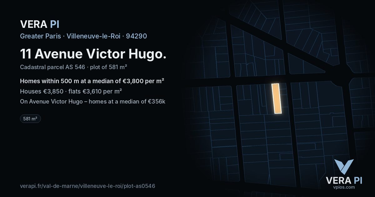 11 Avenue Victor Hugo, Villeneuve-le-Roi at night – the plot lit, the parcels around coloured by the prices near them
