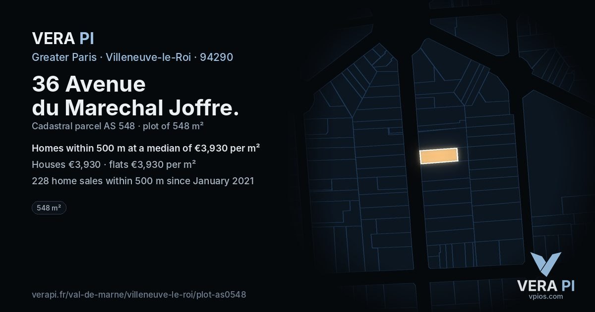 36 Avenue du Marechal Joffre, Villeneuve-le-Roi at night – the plot lit, the parcels around coloured by the prices near them
