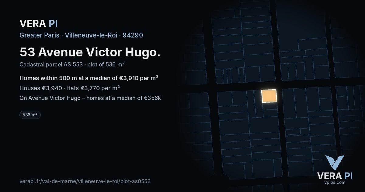 53 Avenue Victor Hugo, Villeneuve-le-Roi at night – the plot lit, the parcels around coloured by the prices near them