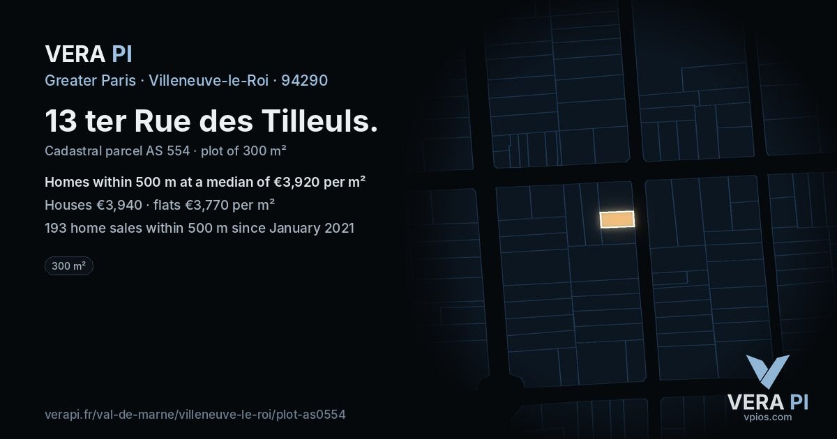 13 ter Rue des Tilleuls, Villeneuve-le-Roi at night – the plot lit, the parcels around coloured by the prices near them