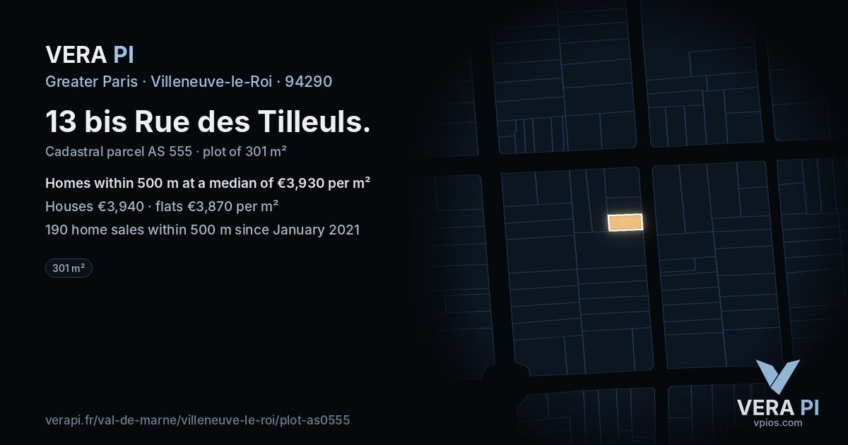 13 bis Rue des Tilleuls, Villeneuve-le-Roi at night – the plot lit, the parcels around coloured by the prices near them