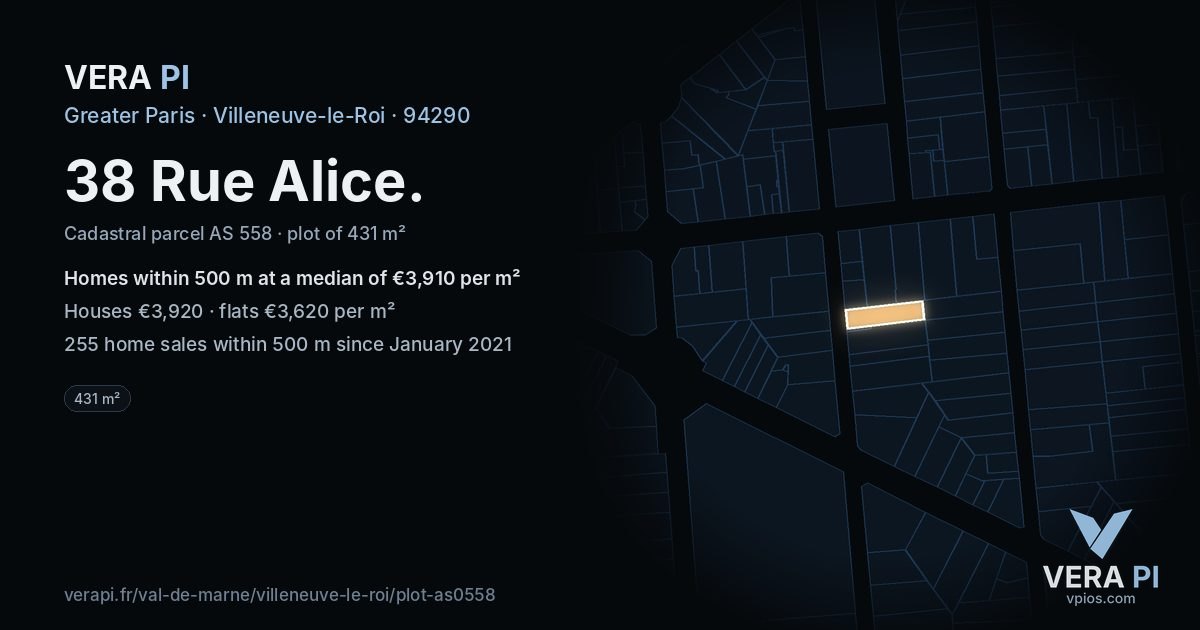 38 Rue Alice, Villeneuve-le-Roi at night – the plot lit, the parcels around coloured by the prices near them