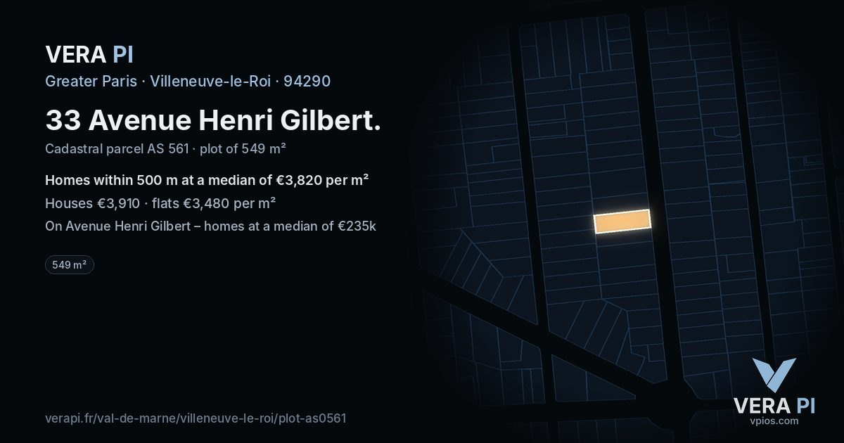33 Avenue Henri Gilbert, Villeneuve-le-Roi at night – the plot lit, the parcels around coloured by the prices near them