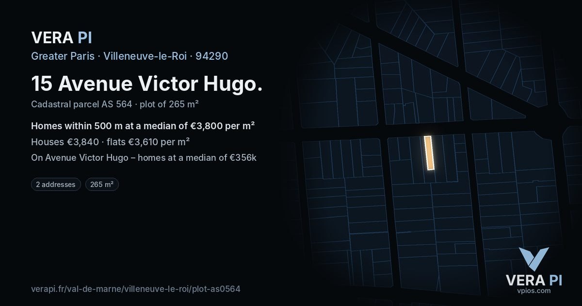 15 Avenue Victor Hugo, Villeneuve-le-Roi at night – the plot lit, the parcels around coloured by the prices near them