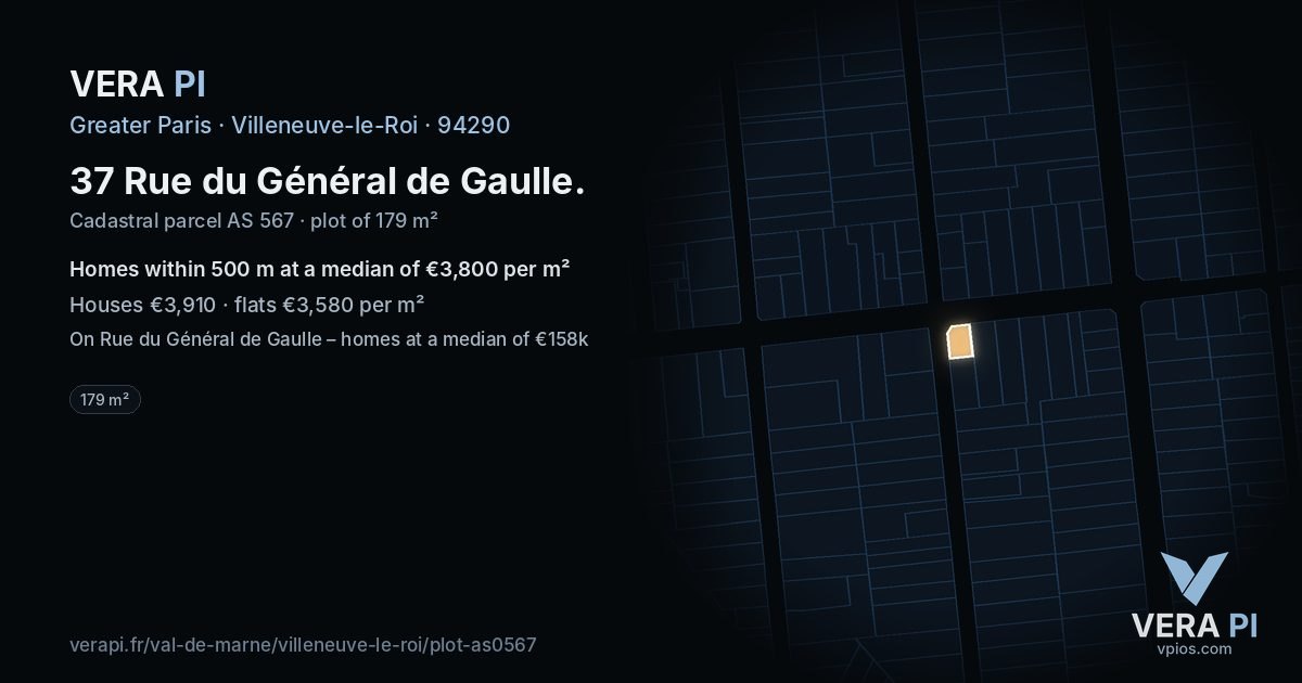 37 Rue du Général de Gaulle, Villeneuve-le-Roi at night – the plot lit, the parcels around coloured by the prices near them
