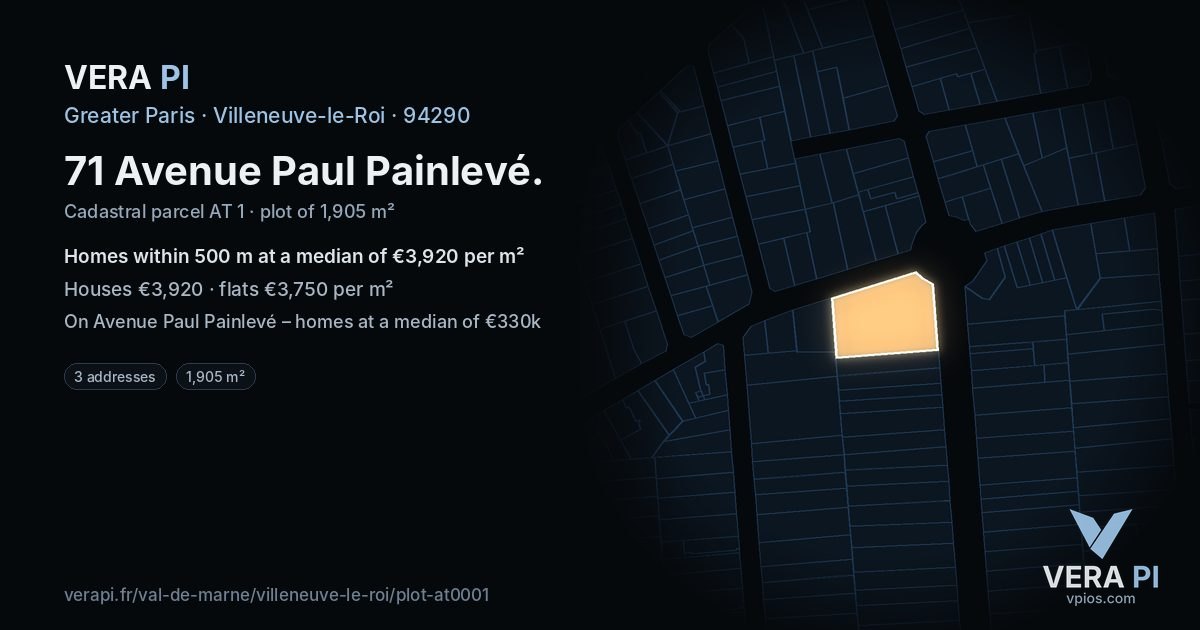 71 Avenue Paul Painlevé, Villeneuve-le-Roi at night – the plot lit, the parcels around coloured by the prices near them