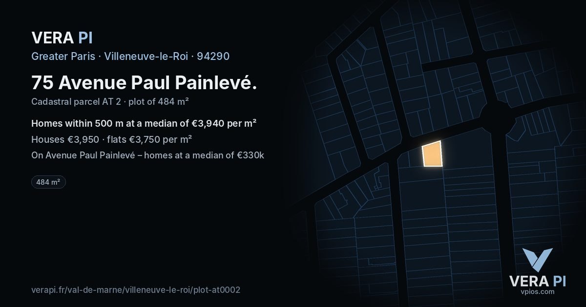 75 Avenue Paul Painlevé, Villeneuve-le-Roi at night – the plot lit, the parcels around coloured by the prices near them