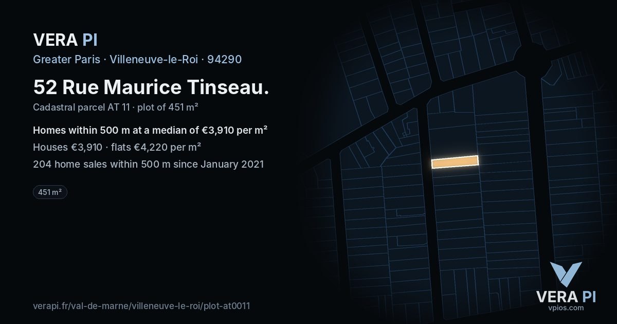 52 Rue Maurice Tinseau, Villeneuve-le-Roi at night – the plot lit, the parcels around coloured by the prices near them