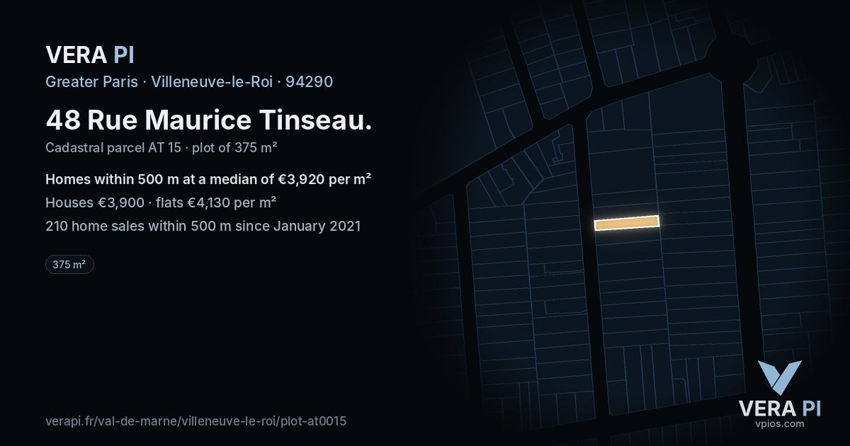 48 Rue Maurice Tinseau, Villeneuve-le-Roi at night – the plot lit, the parcels around coloured by the prices near them