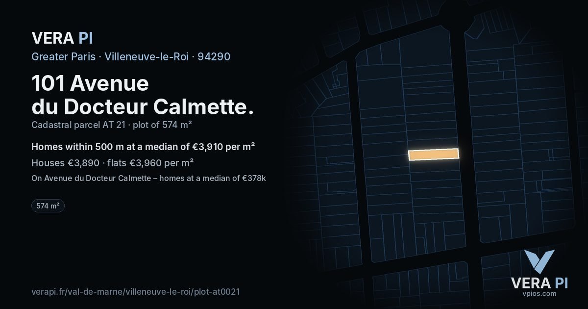 101 Avenue du Docteur Calmette, Villeneuve-le-Roi at night – the plot lit, the parcels around coloured by the prices near them