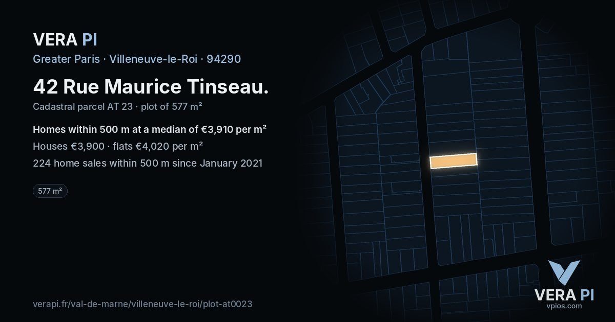 42 Rue Maurice Tinseau, Villeneuve-le-Roi at night – the plot lit, the parcels around coloured by the prices near them