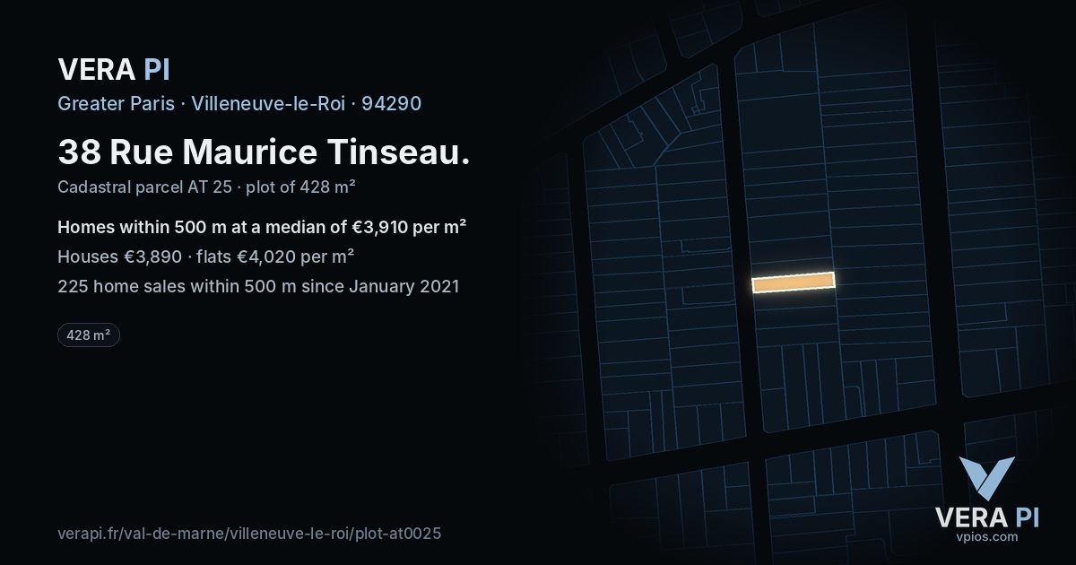 38 Rue Maurice Tinseau, Villeneuve-le-Roi at night – the plot lit, the parcels around coloured by the prices near them