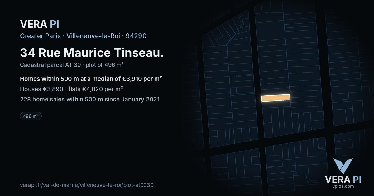 34 Rue Maurice Tinseau, Villeneuve-le-Roi at night – the plot lit, the parcels around coloured by the prices near them