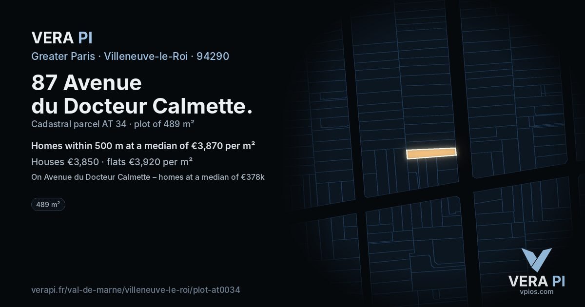 87 Avenue du Docteur Calmette, Villeneuve-le-Roi at night – the plot lit, the parcels around coloured by the prices near them