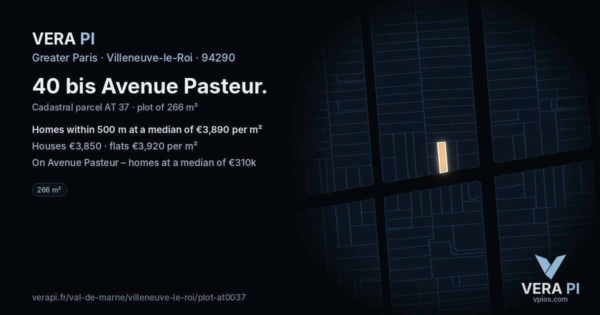 40 bis Avenue Pasteur, Villeneuve-le-Roi at night – the plot lit, the parcels around coloured by the prices near them