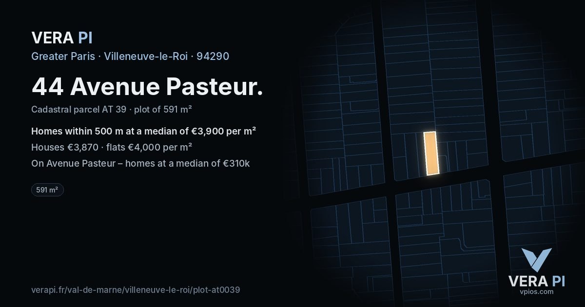 44 Avenue Pasteur, Villeneuve-le-Roi at night – the plot lit, the parcels around coloured by the prices near them