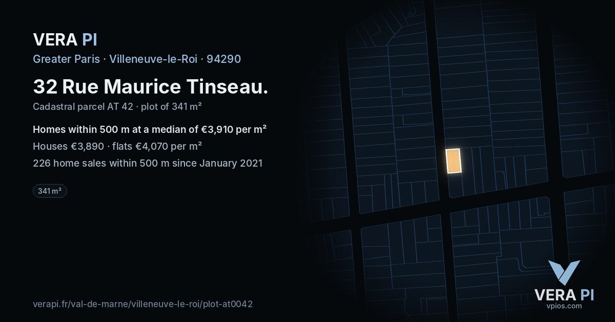 32 Rue Maurice Tinseau, Villeneuve-le-Roi at night – the plot lit, the parcels around coloured by the prices near them