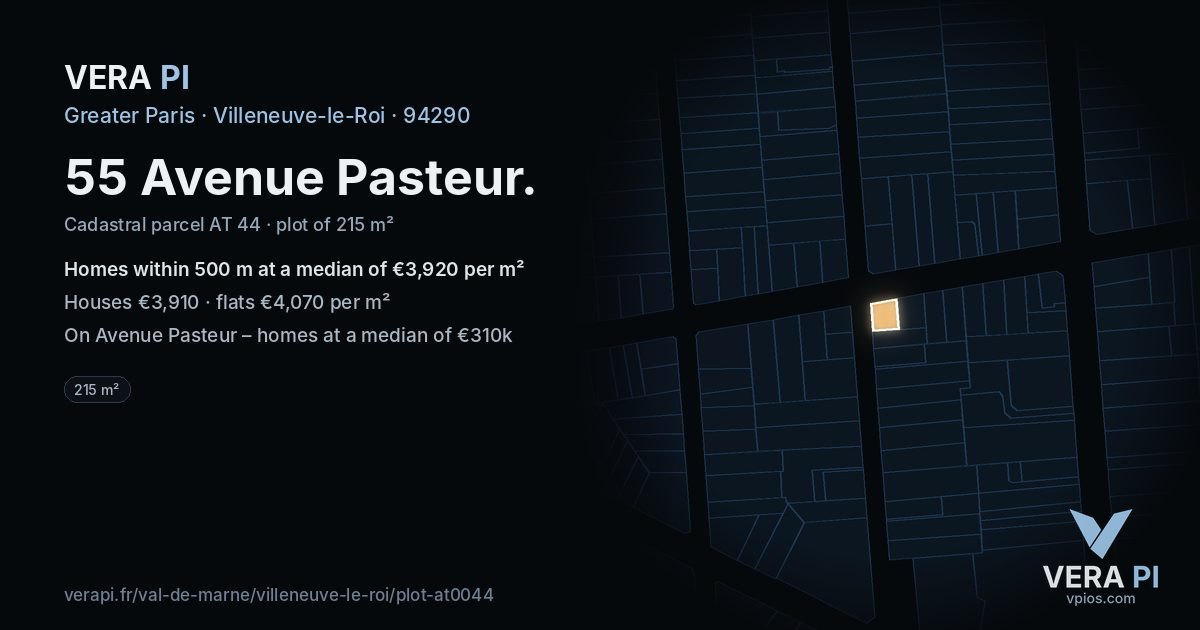 55 Avenue Pasteur, Villeneuve-le-Roi at night – the plot lit, the parcels around coloured by the prices near them