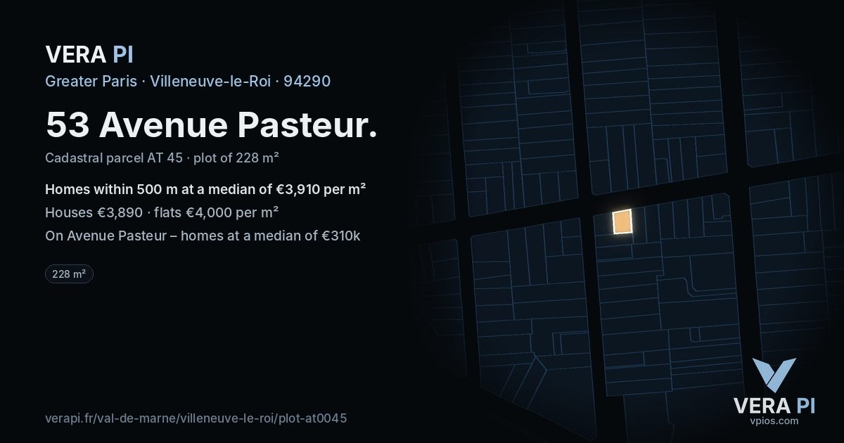 53 Avenue Pasteur, Villeneuve-le-Roi at night – the plot lit, the parcels around coloured by the prices near them