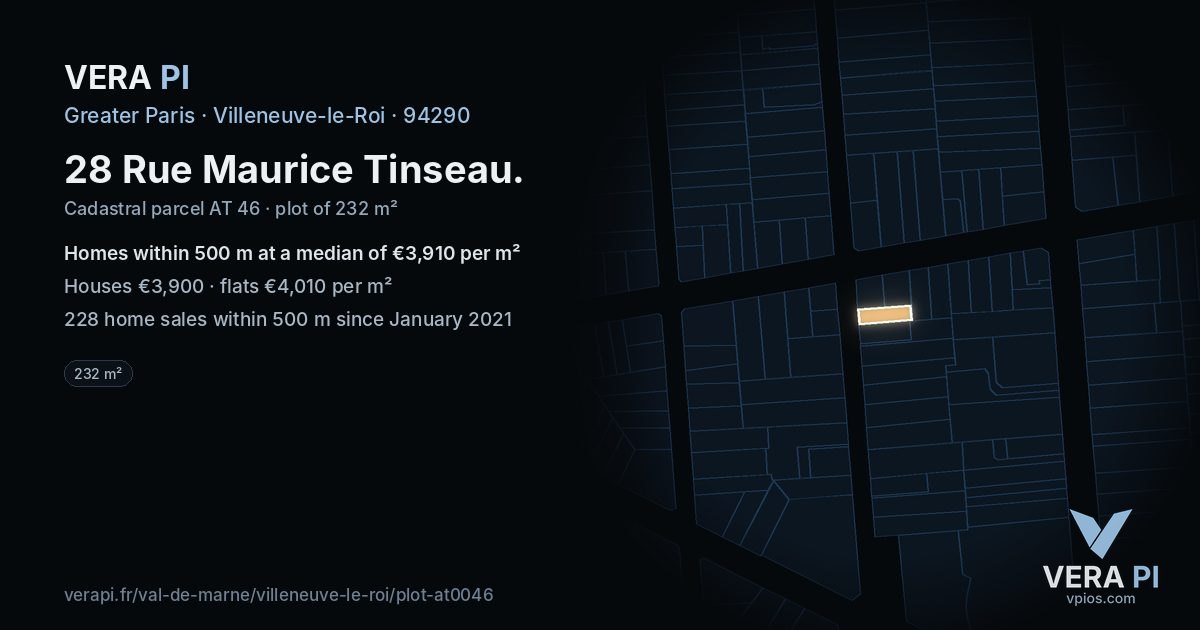 28 Rue Maurice Tinseau, Villeneuve-le-Roi at night – the plot lit, the parcels around coloured by the prices near them