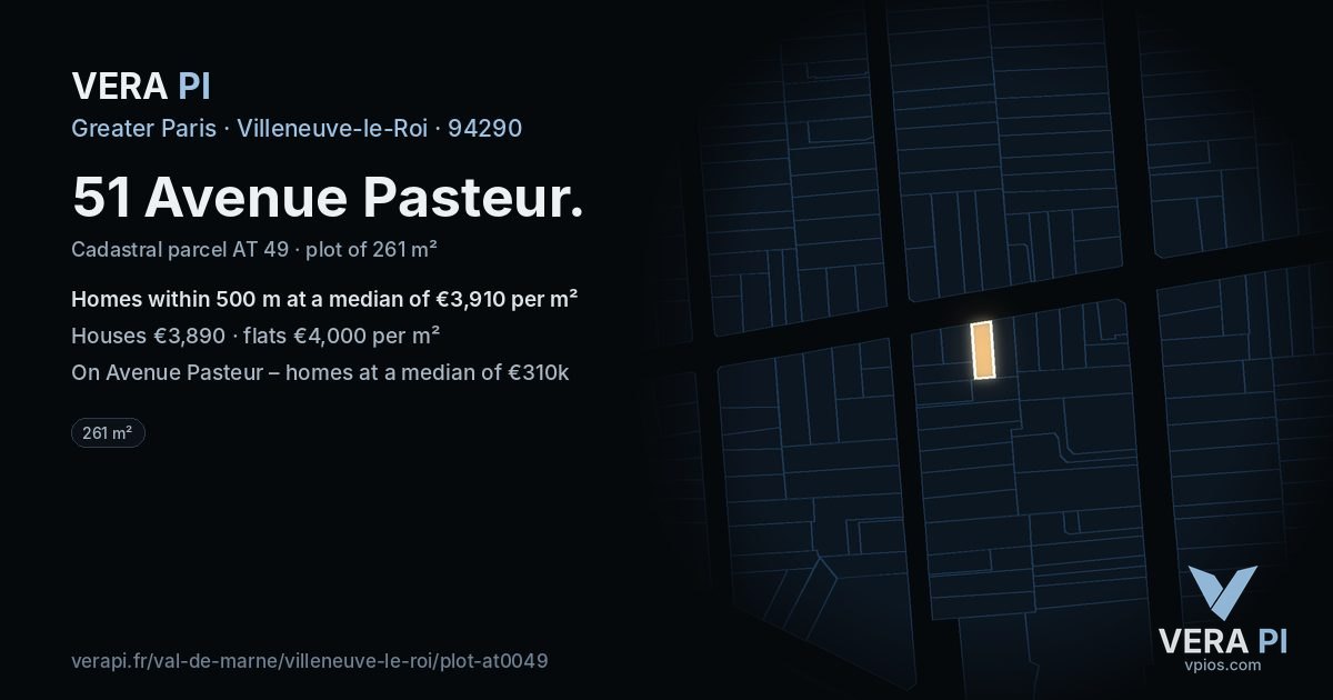 51 Avenue Pasteur, Villeneuve-le-Roi at night – the plot lit, the parcels around coloured by the prices near them
