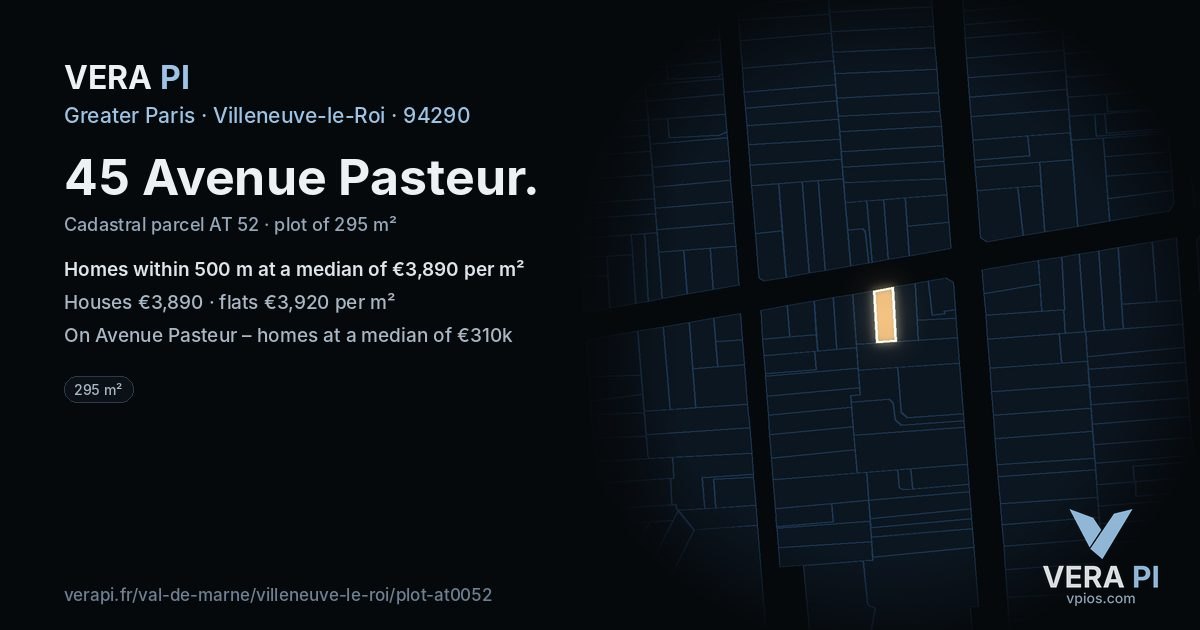45 Avenue Pasteur, Villeneuve-le-Roi at night – the plot lit, the parcels around coloured by the prices near them