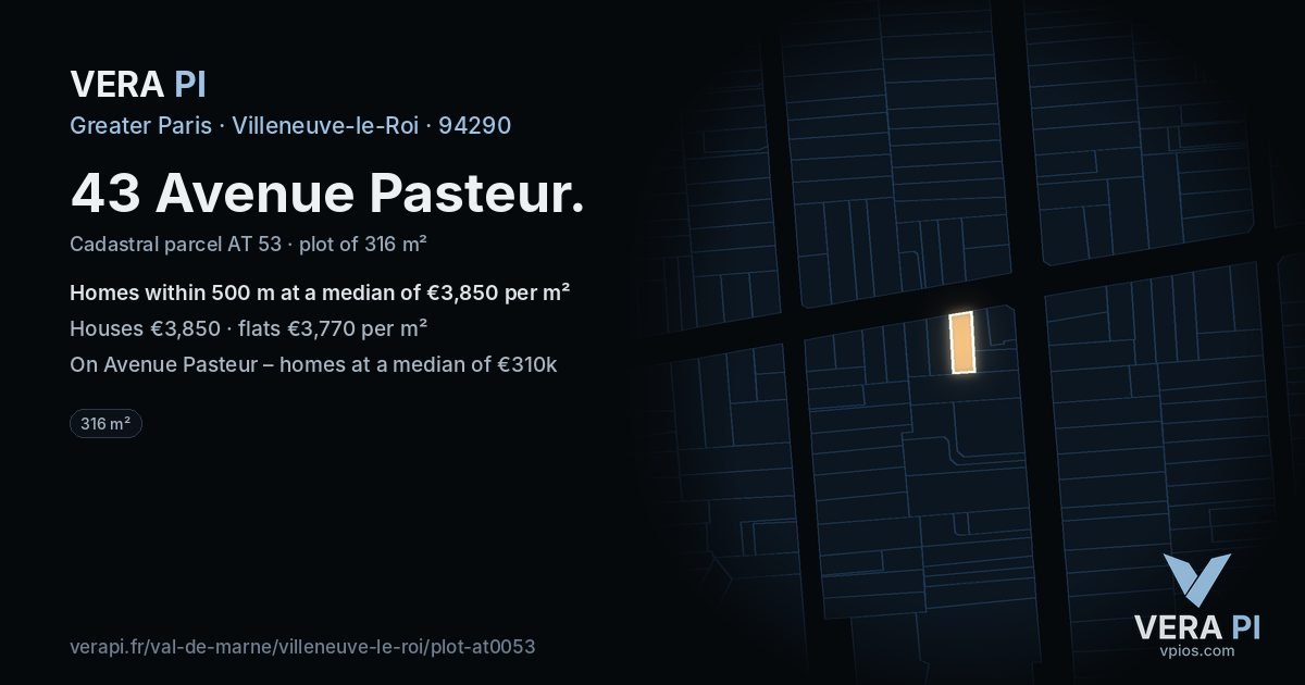43 Avenue Pasteur, Villeneuve-le-Roi at night – the plot lit, the parcels around coloured by the prices near them