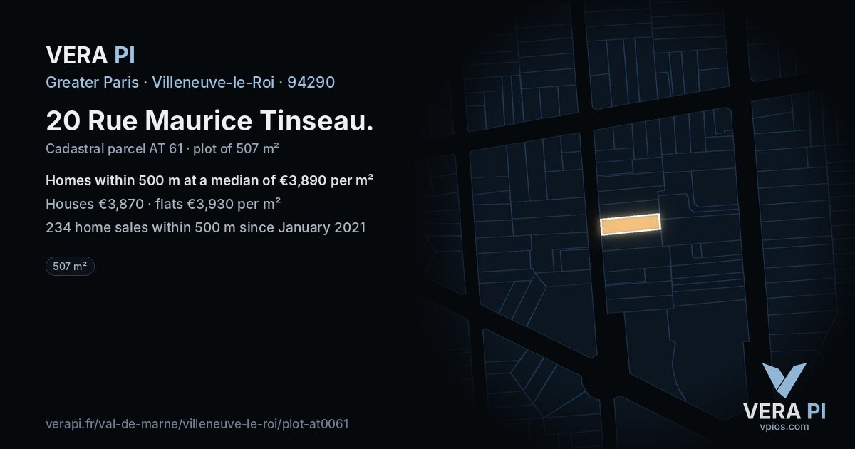 20 Rue Maurice Tinseau, Villeneuve-le-Roi at night – the plot lit, the parcels around coloured by the prices near them