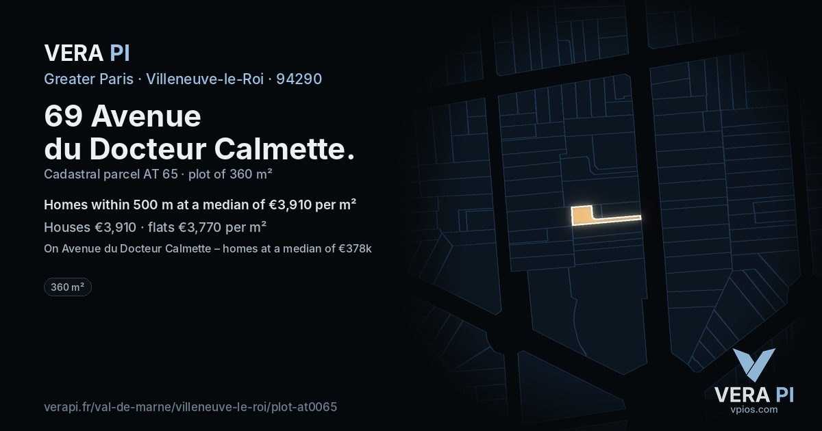 69 Avenue du Docteur Calmette, Villeneuve-le-Roi at night – the plot lit, the parcels around coloured by the prices near them