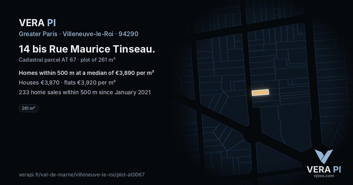 14 bis Rue Maurice Tinseau, Villeneuve-le-Roi at night – the plot lit, the parcels around coloured by the prices near them