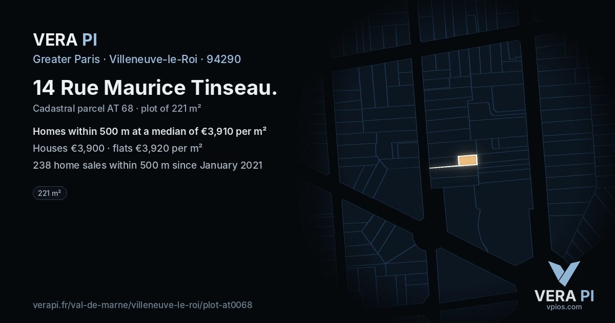 14 Rue Maurice Tinseau, Villeneuve-le-Roi at night – the plot lit, the parcels around coloured by the prices near them