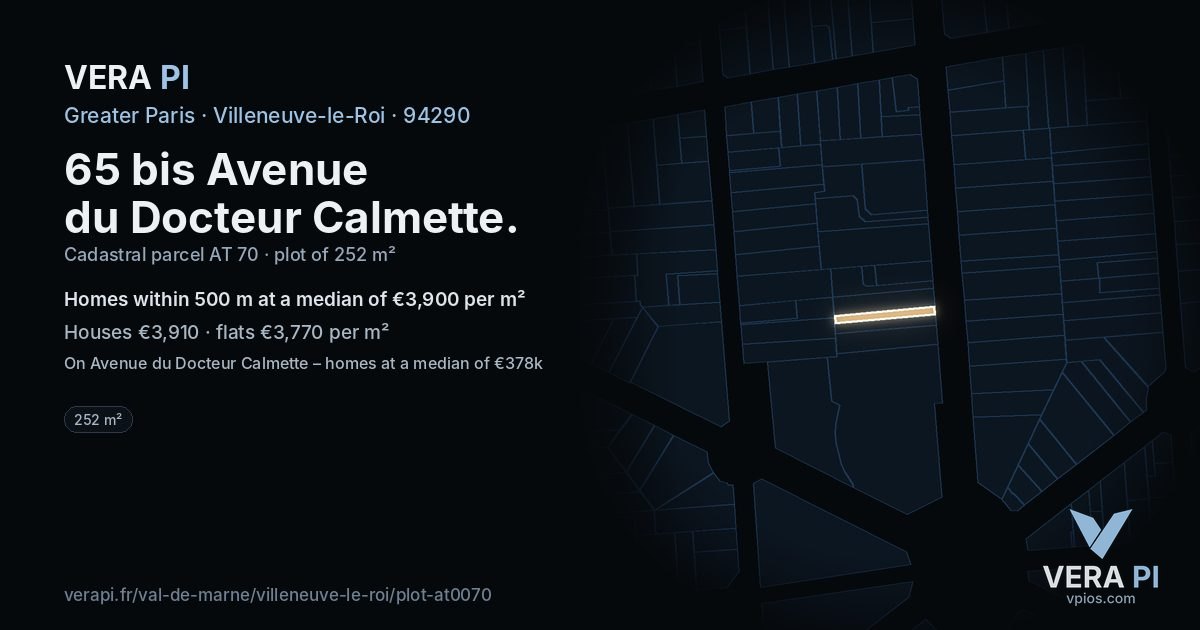 65 bis Avenue du Docteur Calmette, Villeneuve-le-Roi at night – the plot lit, the parcels around coloured by the prices near them