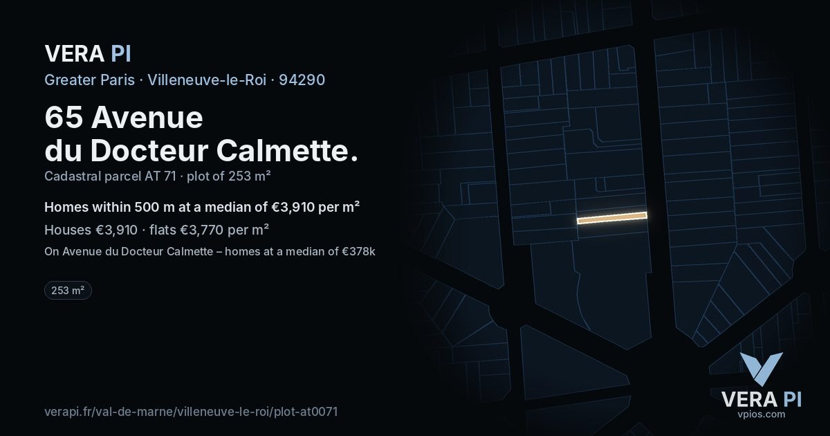 65 Avenue du Docteur Calmette, Villeneuve-le-Roi at night – the plot lit, the parcels around coloured by the prices near them