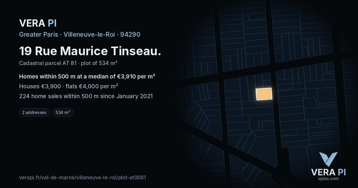 19 Rue Maurice Tinseau, Villeneuve-le-Roi at night – the plot lit, the parcels around coloured by the prices near them
