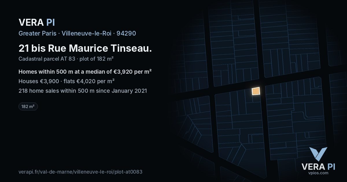 21 bis Rue Maurice Tinseau, Villeneuve-le-Roi at night – the plot lit, the parcels around coloured by the prices near them