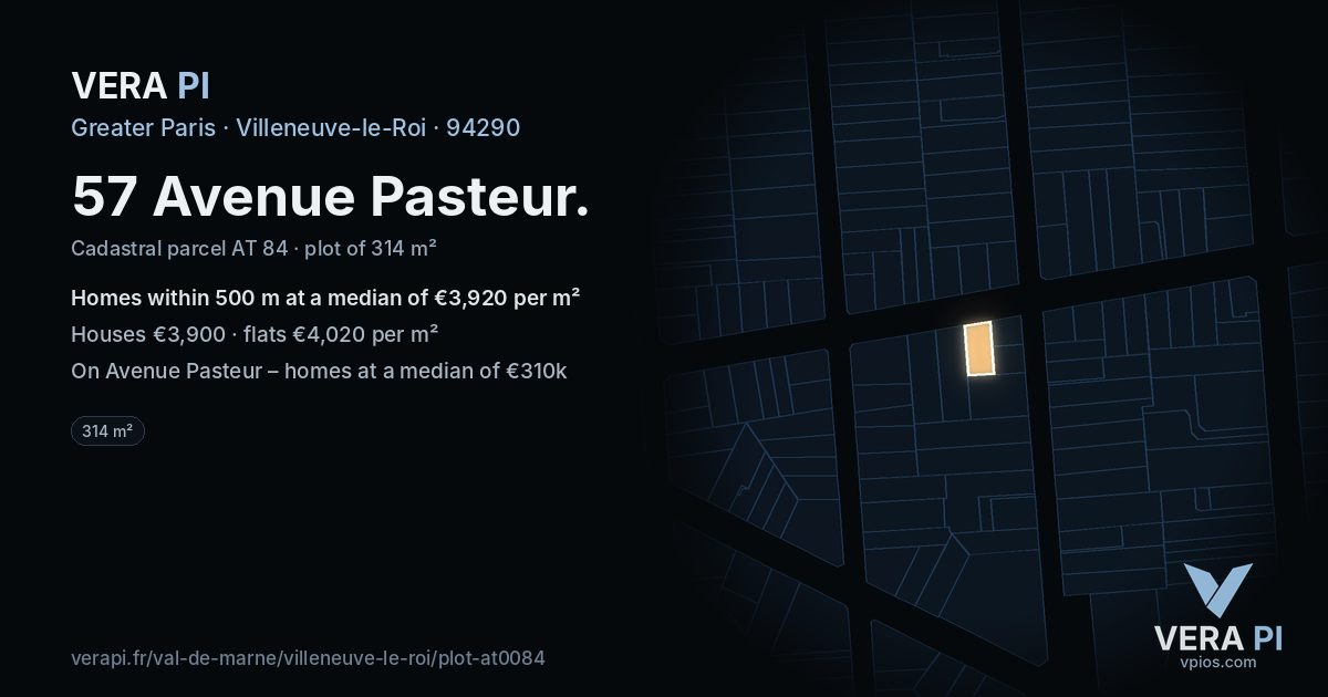 57 Avenue Pasteur, Villeneuve-le-Roi at night – the plot lit, the parcels around coloured by the prices near them
