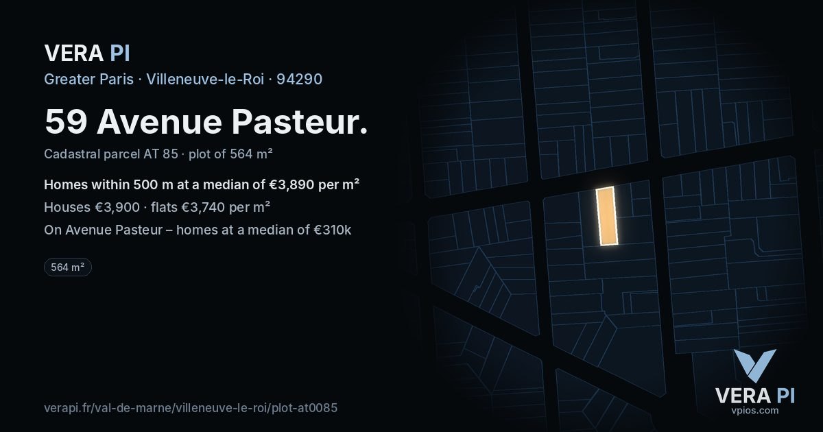 59 Avenue Pasteur, Villeneuve-le-Roi at night – the plot lit, the parcels around coloured by the prices near them