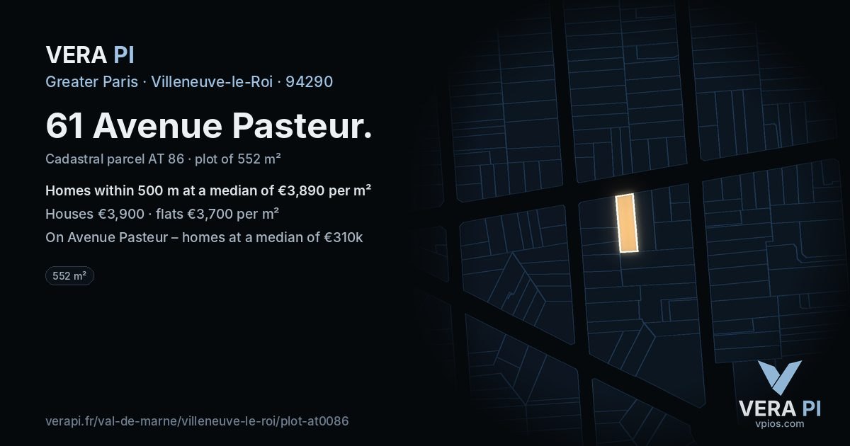 61 Avenue Pasteur, Villeneuve-le-Roi at night – the plot lit, the parcels around coloured by the prices near them