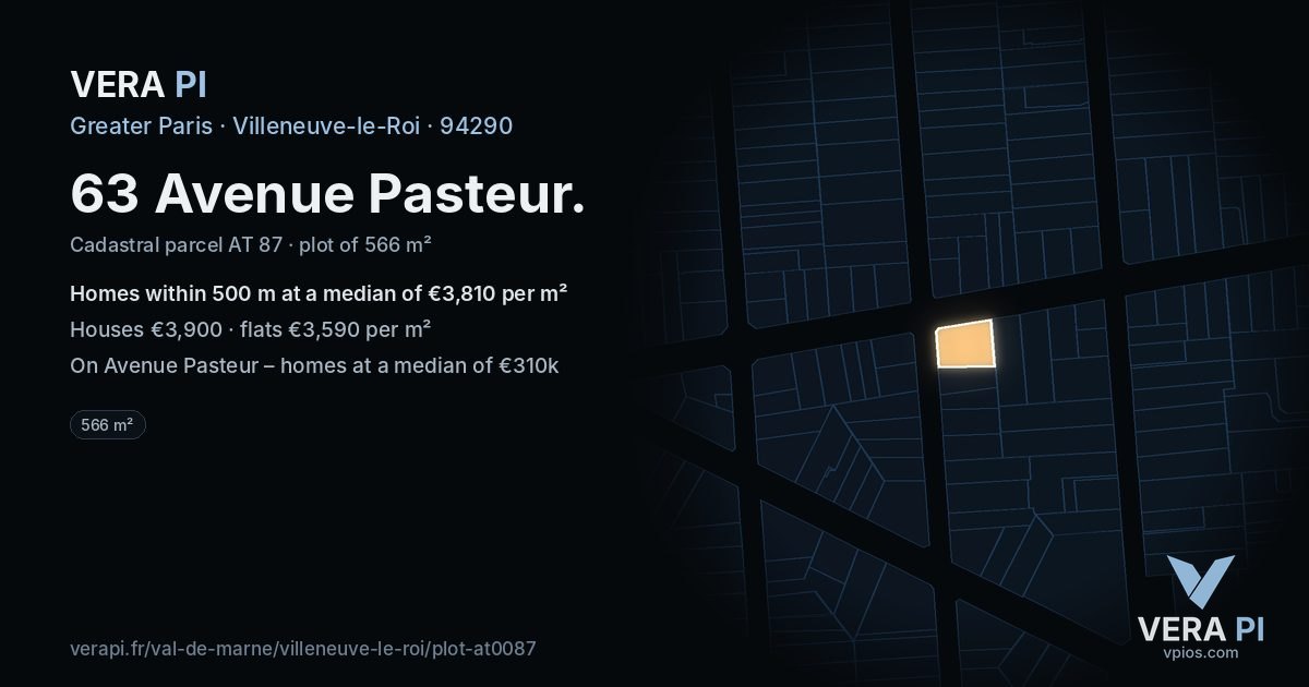 63 Avenue Pasteur, Villeneuve-le-Roi at night – the plot lit, the parcels around coloured by the prices near them