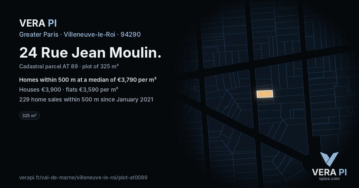 24 Rue Jean Moulin, Villeneuve-le-Roi at night – the plot lit, the parcels around coloured by the prices near them