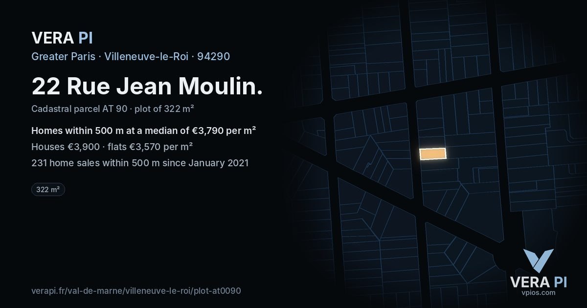 22 Rue Jean Moulin, Villeneuve-le-Roi at night – the plot lit, the parcels around coloured by the prices near them