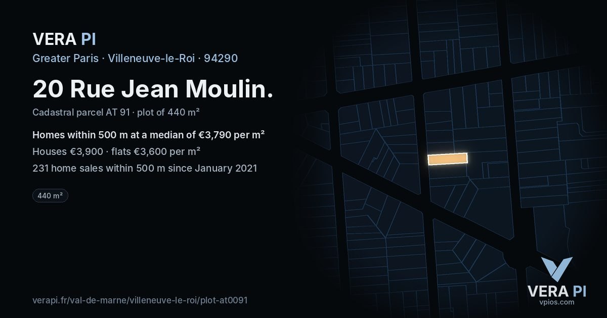 20 Rue Jean Moulin, Villeneuve-le-Roi at night – the plot lit, the parcels around coloured by the prices near them