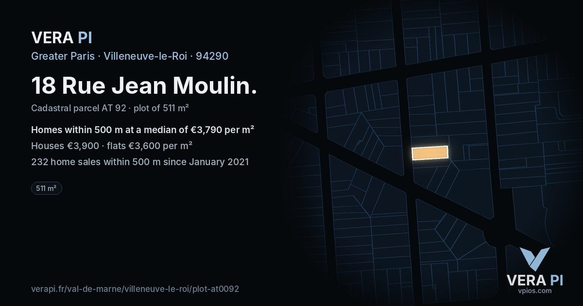 18 Rue Jean Moulin, Villeneuve-le-Roi at night – the plot lit, the parcels around coloured by the prices near them