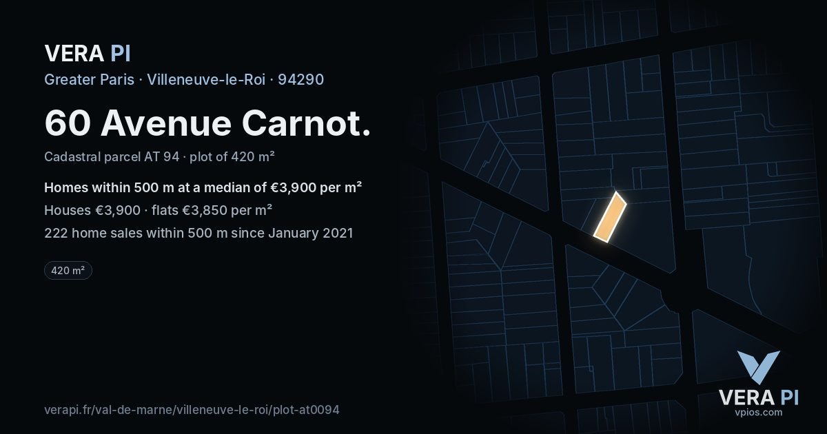 60 Avenue Carnot, Villeneuve-le-Roi at night – the plot lit, the parcels around coloured by the prices near them