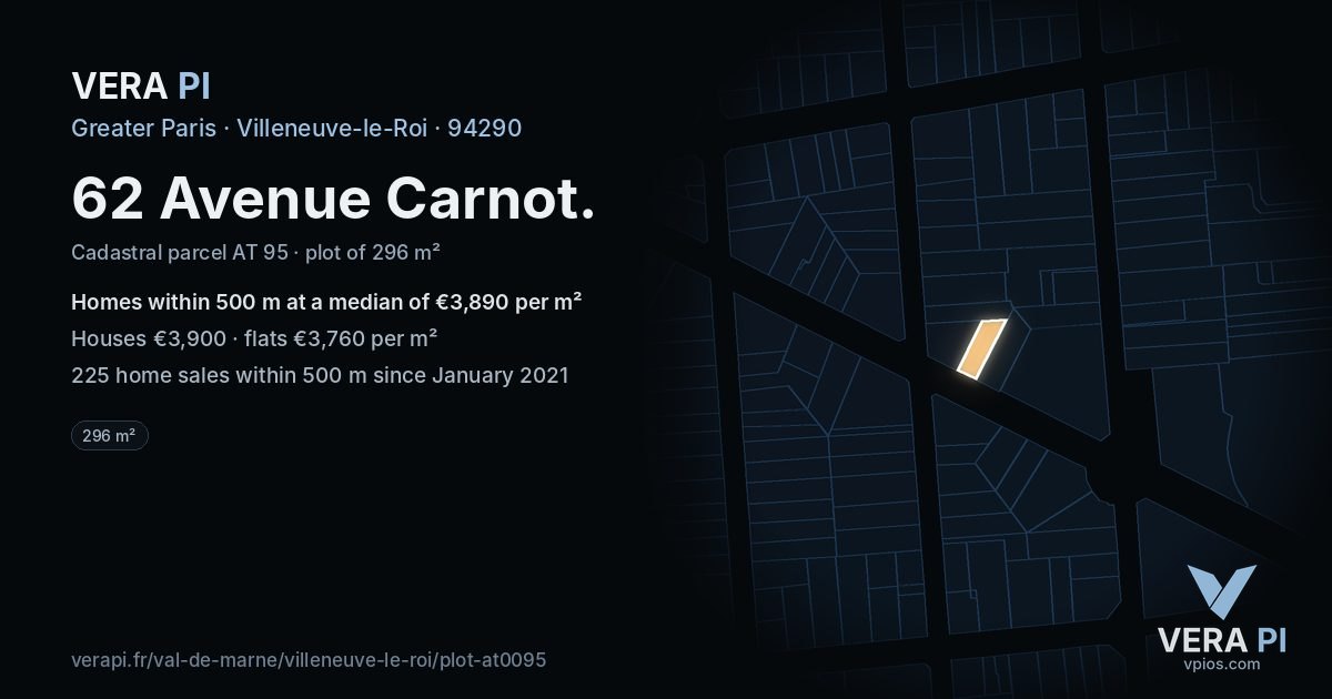 62 Avenue Carnot, Villeneuve-le-Roi at night – the plot lit, the parcels around coloured by the prices near them