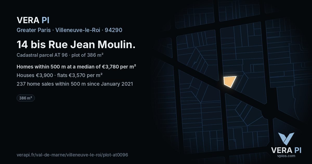 14 bis Rue Jean Moulin, Villeneuve-le-Roi at night – the plot lit, the parcels around coloured by the prices near them