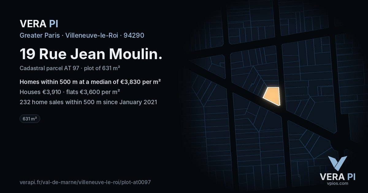 19 Rue Jean Moulin, Villeneuve-le-Roi at night – the plot lit, the parcels around coloured by the prices near them