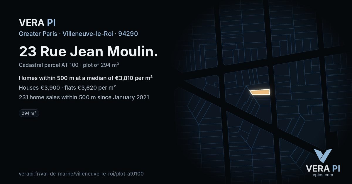 23 Rue Jean Moulin, Villeneuve-le-Roi at night – the plot lit, the parcels around coloured by the prices near them